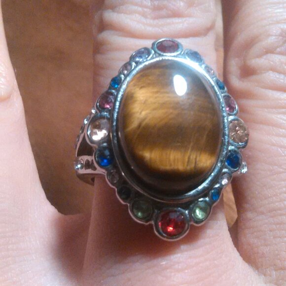 Tiger's Eye and Austrian Crystal Stainless Steel Ring (Size 9) - Picture 2 of 16